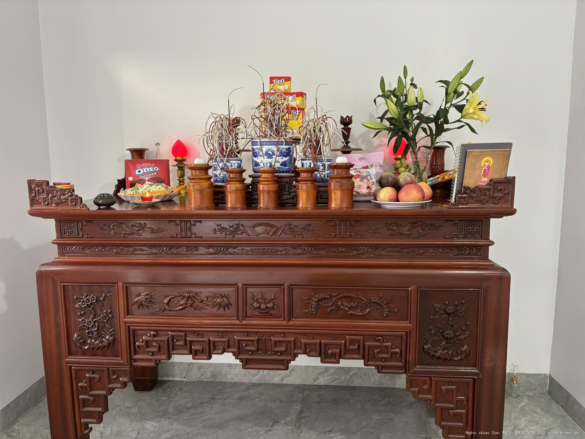 Phòng thờ Phật và Gia Tiên đơn giản - Chế tác bởi Nghệ nhân Sơn Vũ